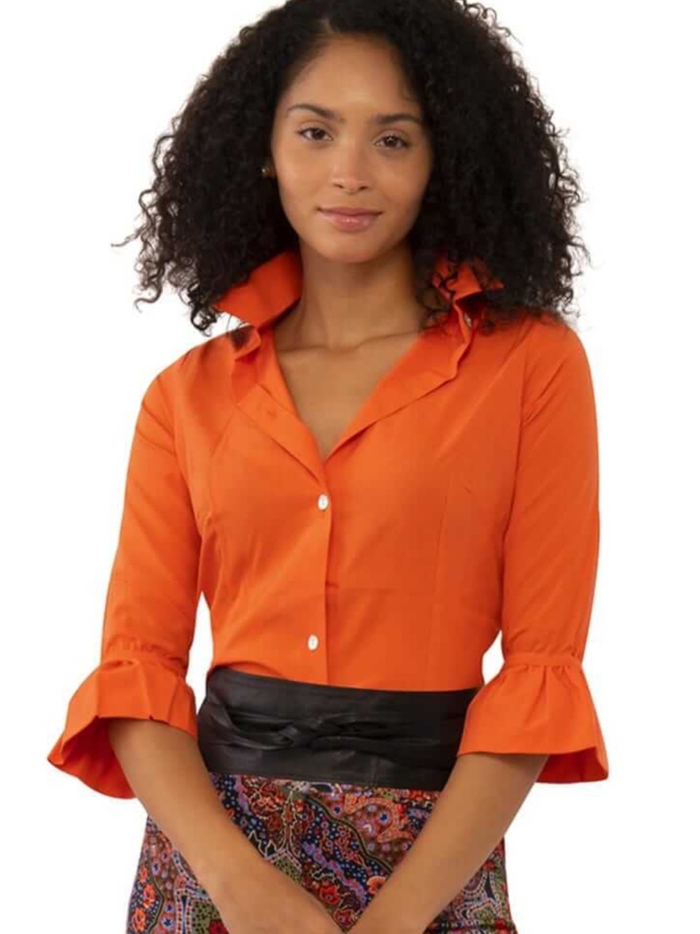 Gretchen Scott priss blouse Orange Ruffle Sleeve Button-Up Top